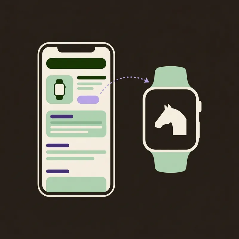 Drawing: a phone and a watch side by side, with an arrow from the phone to the watch.