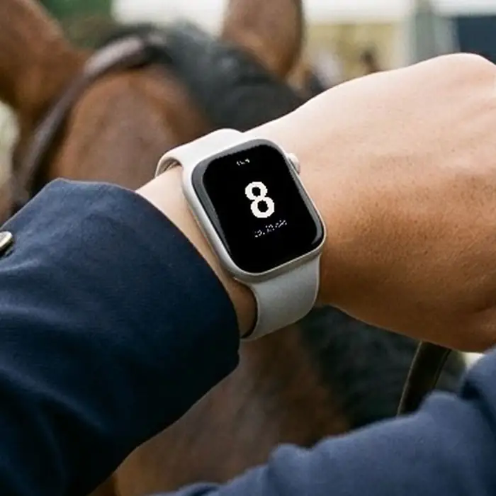 Apple Watch on a wrist showing the number 8 and about 12 min