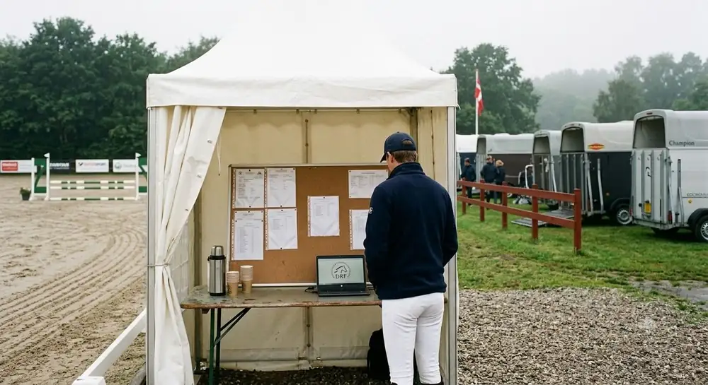 Show office tent with start lists on a noticeboard, a flask and a laptop. Trailers in the background.